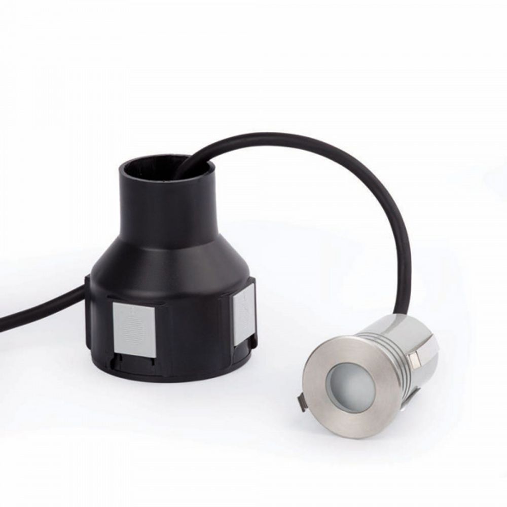 LED Einbauleuchte CROSBY 120º IP67 3000K Nickel-Matt mit Unterputzdose und Kabelanschluss.