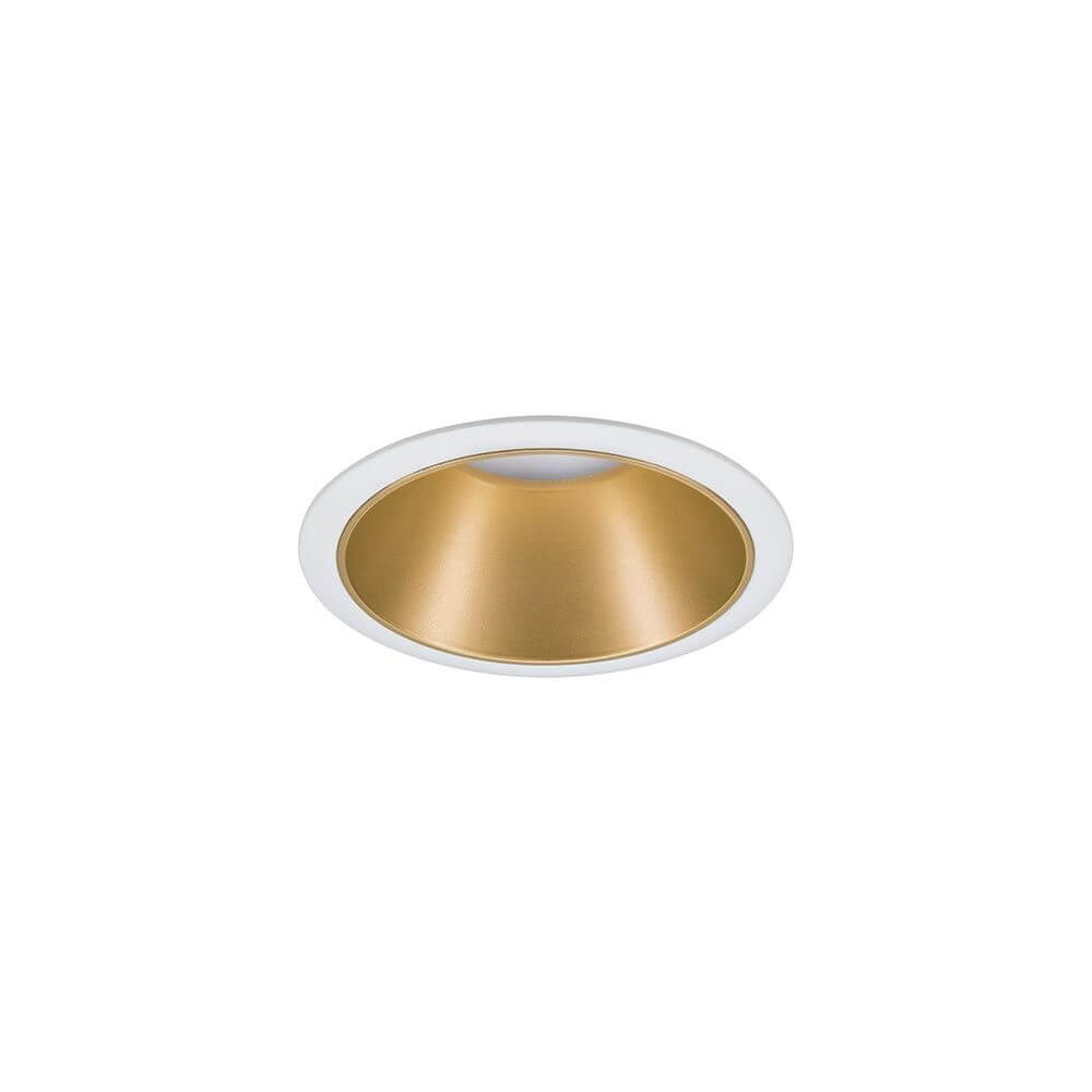 Alt Tag: LED Einbauleuchte Cole Basis-Set Rund Weiß, Gold in weißer Deckenfassung mit matter goldener Innenfläche, blendfreie Einbauleuchte