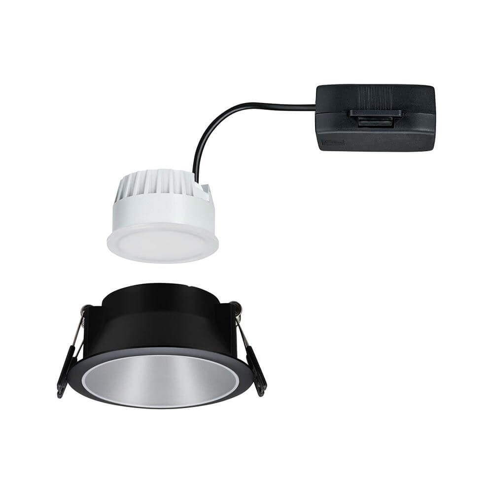 LED Einbauleuchte Cole LED Rund 8,8cm Schwarz, Silber mit schwarzem Gehäuse und matten, silbernen Details.