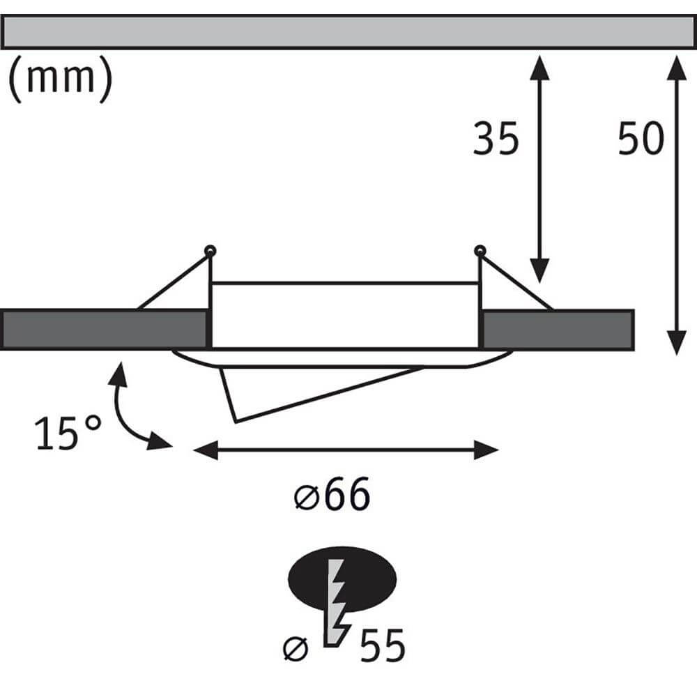 Diagramm der Abmessungen des LED Einbaustrahlers Nova Mini Plus mit detaillierten Maßen.