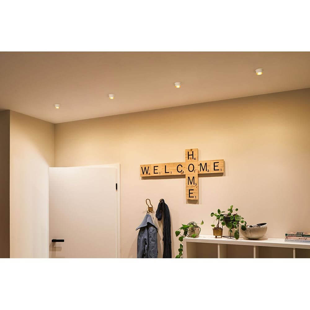 LED Einbauleuchte Gil Rund Stufen Dimmbar Weiß, Gold an Wand mit Holzschriftzug WELCOME HOME