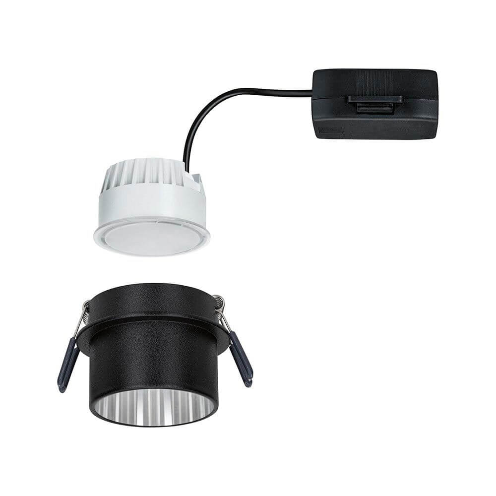 LED Einbauleuchte Gil Ø 68mm mit 3 Stufen-Dimmer Montageansicht mit Leuchte und Halterung in Schwarz.