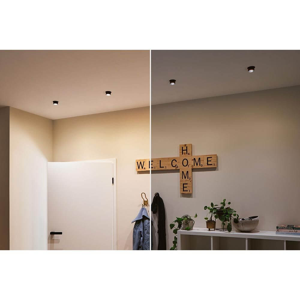 LED Einbauleuchte Gil Ø 68mm mit 3 Stufen-Dimmer in einem modernen Wohnraum, zwei Lichtstimmungen.