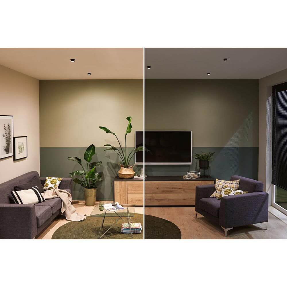 LED Einbauleuchte Gil Ø 68mm mit 3 Stufen-Dimmer im modernen Wohnzimmer mit Pflanzen und stilvollem Möbel.