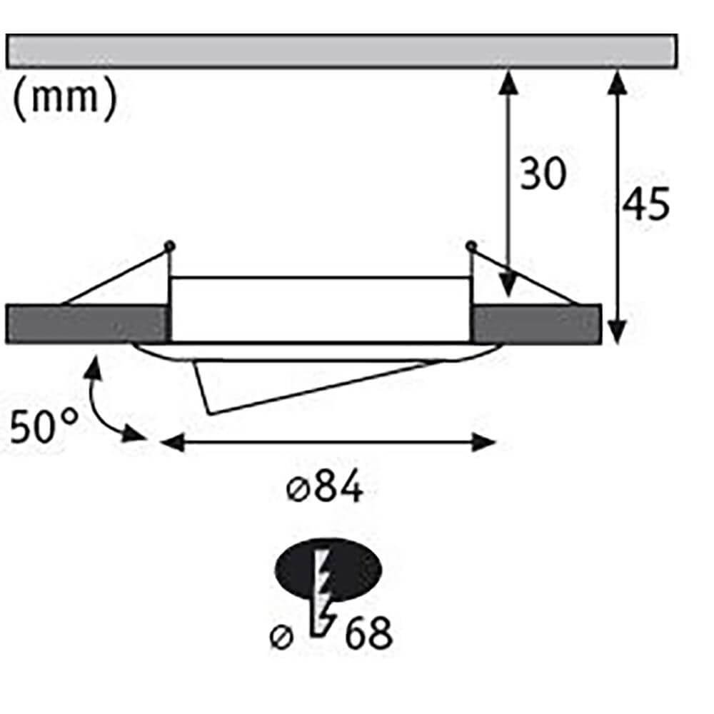 Technische Zeichnung der LED Einbauleuchte Nova, Maße: 84mm Durchmesser, 68mm Lochgröße, 30mm Einbautiefe.