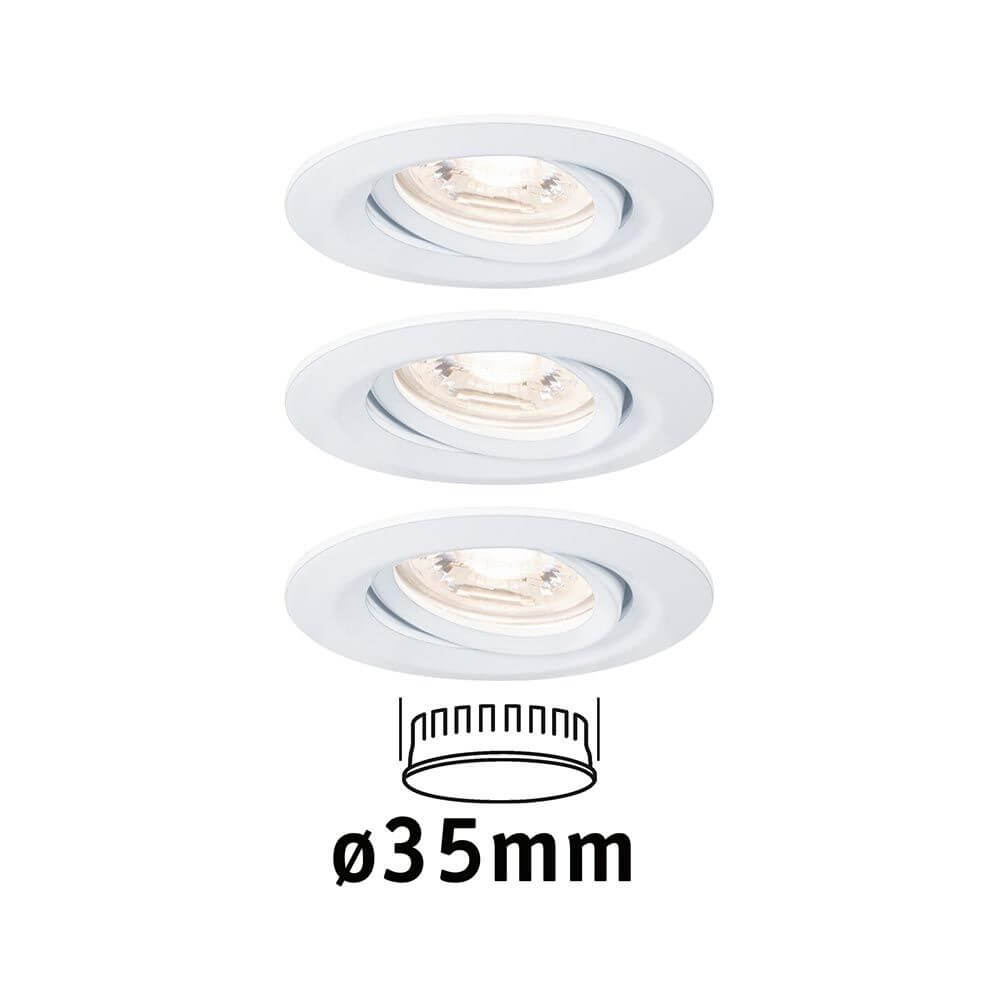 Drei schwenkbare LED Einbauleuchten Nova Mini mit Ø35mm in Weiß, ideal für Spotbeleuchtung.