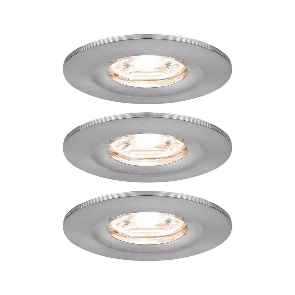 LED Einbauleuchte Nova Mini Basis-Set starr Rund 6,5cm in Eisen gebürstet, Set aus 3 Leuchten mit warmweißem Licht.