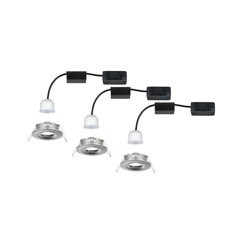 LED Einbauleuchte Nova Mini Basis-Set starr Rund 6,5cm, Set aus 3 Leuchten mit wechselbaren 35mm Coins in gebürstetem Eisen.