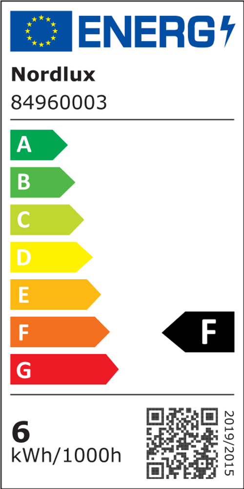 Energielabel für Nordlux LED Produkte, zeigt Energieeffizienzklasse F und Verbrauch von 6 kWh/1000h.