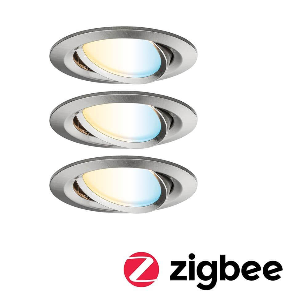 LED Einbauleuchte Smart Home Zigbee Nova Plus 3er Set in Eisen gebürstet für modernes Lichtdesign und hohe Energieeffizienz.