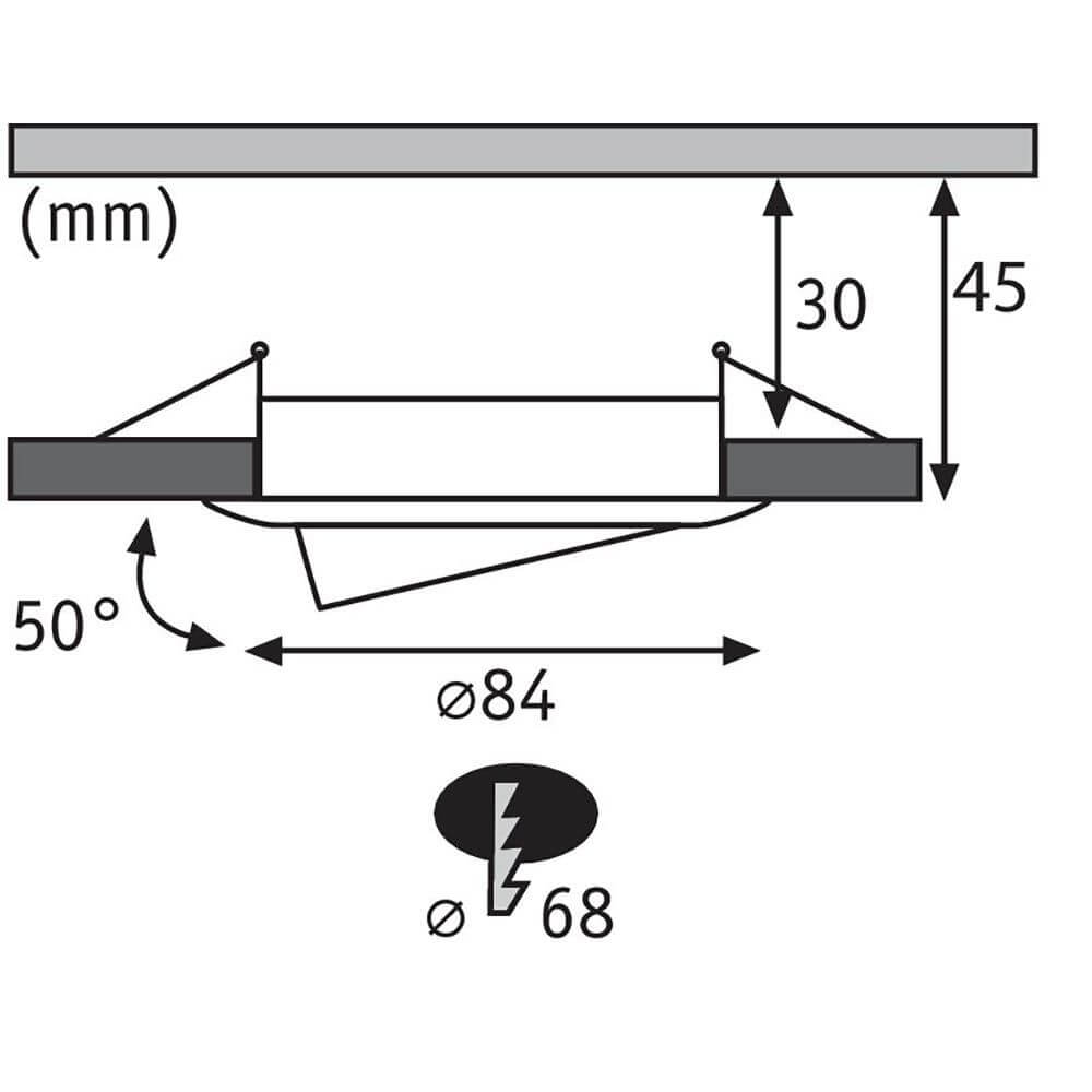 Maßzeichnung der LED Einbauleuchte Nova Plus mit Abmessungen und Montagehinweisen.