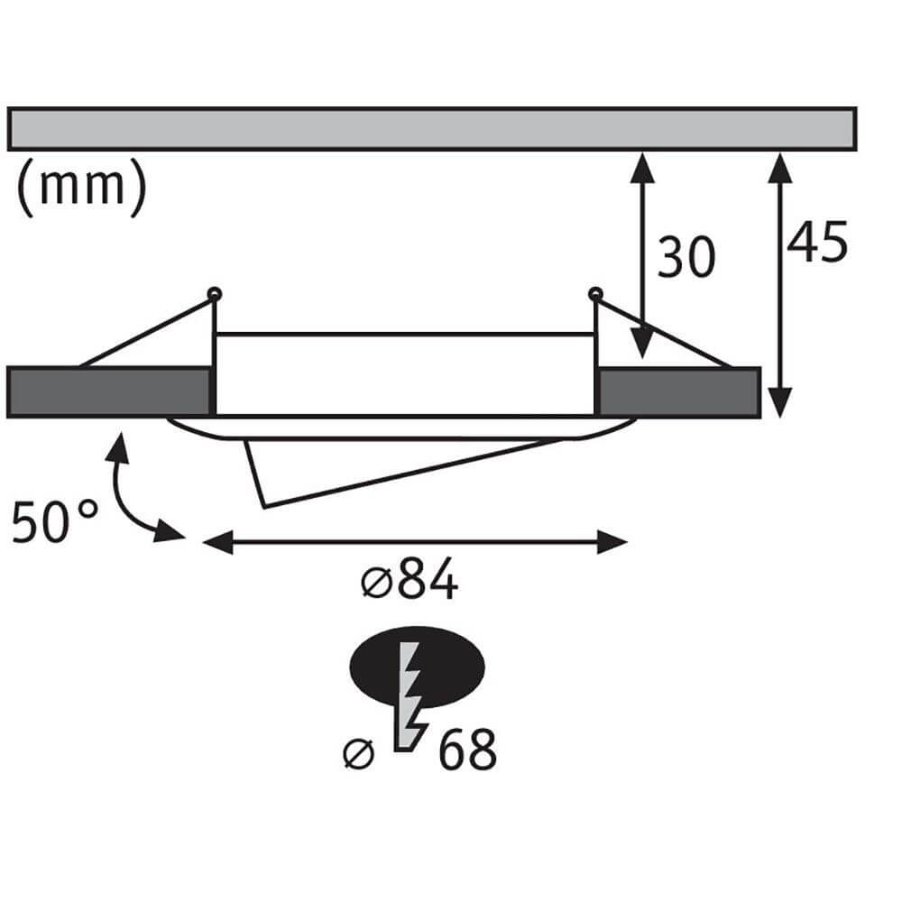 Technische Abmessungen des LED Einbaustrahlers Nova Plus, Ansicht: Breite 84 mm, Höhe 45 mm, Einbautiefe 30 mm, Neigungswinkel 50°.
