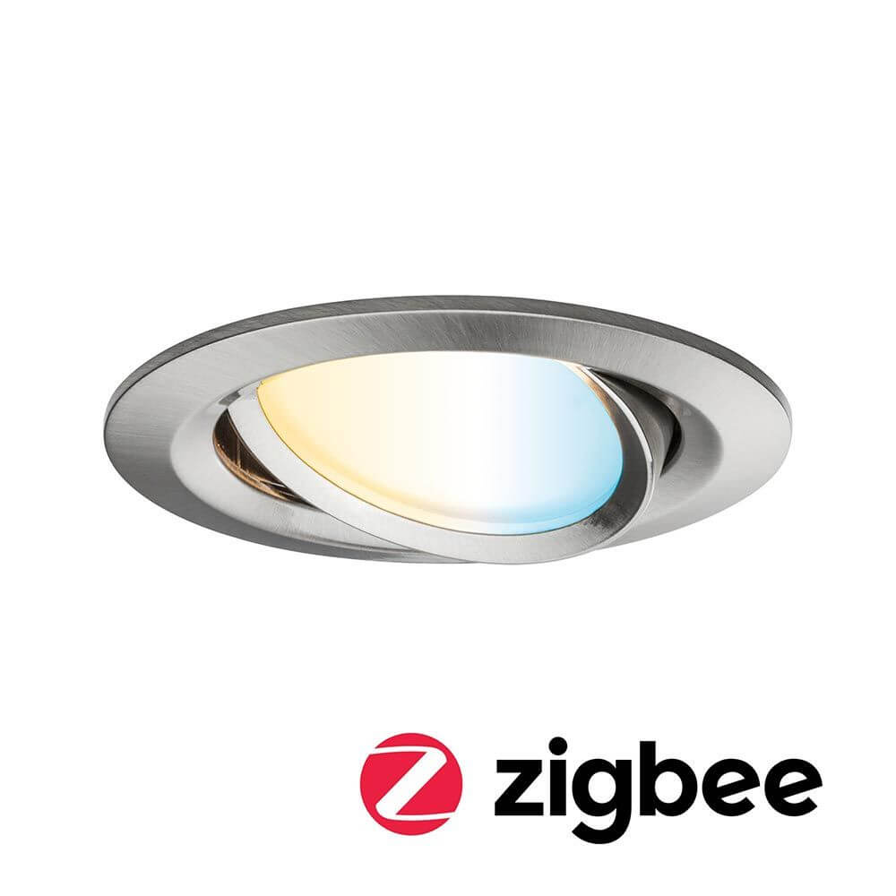LED Einbauleuchte Zigbee Nova Plus in gebürstetem Metall mit Tunable White-Funktion.