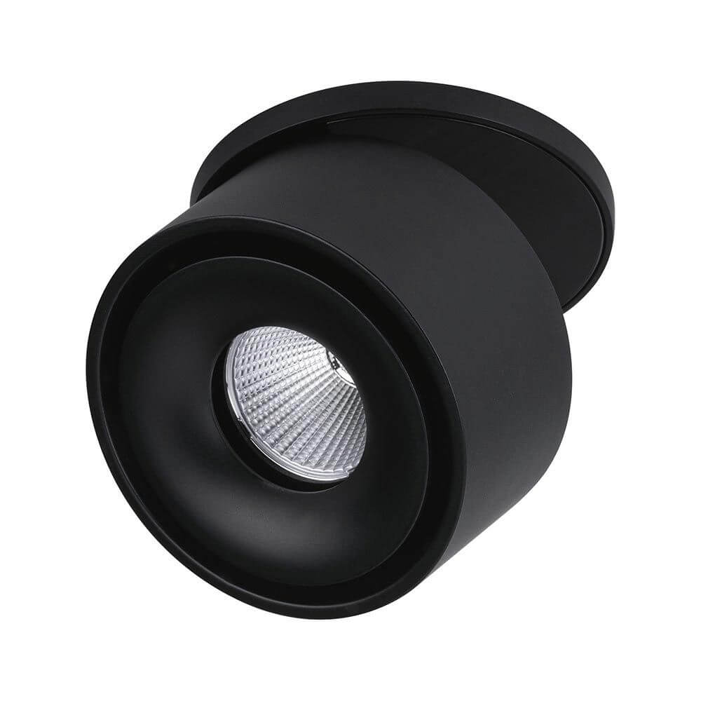 Schwarze matte LED Einbauleuchte Spircle, schwenkbar und drehbar für gezielte Beleuchtung in modernen Wohnräumen.