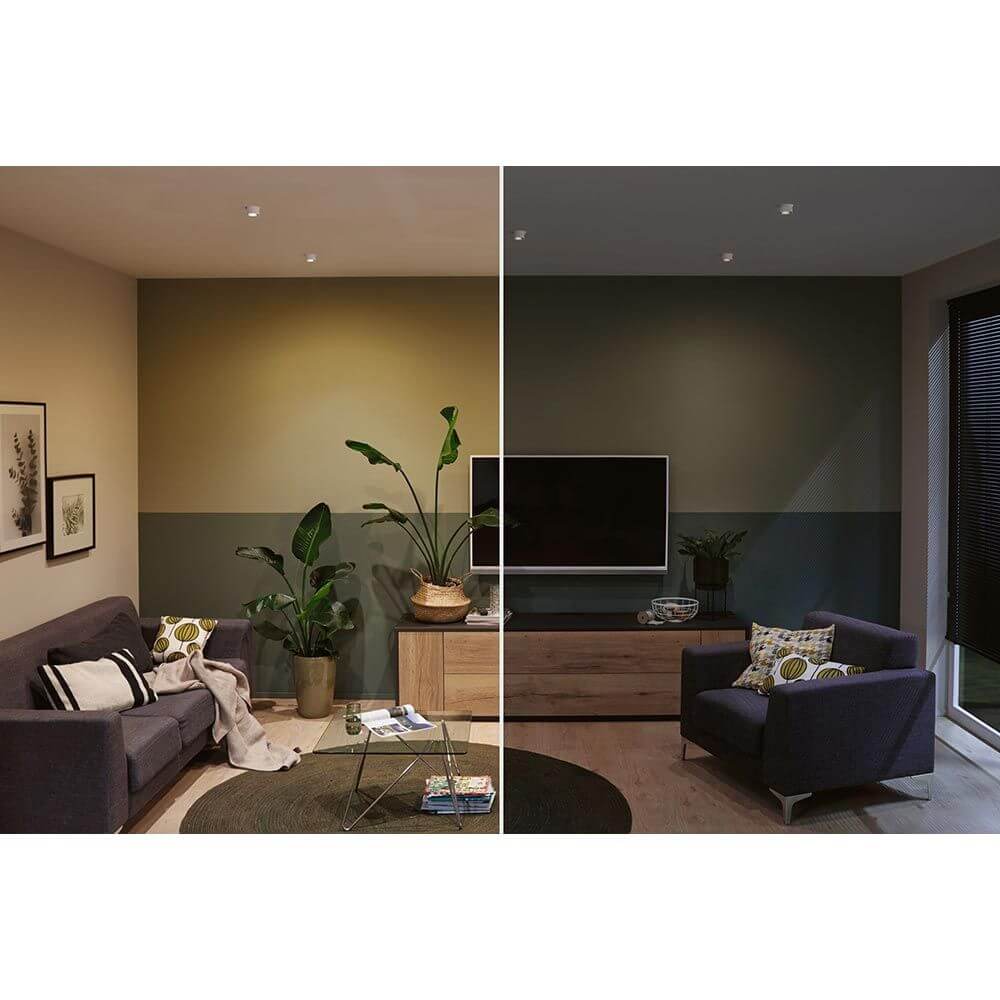 LED Einbauleuchte Stufen-Dimmer Gil LED Basis-Set Schwarz, Weiß in modernem Wohnraum mit unterschiedlichen Lichtstimmungen.