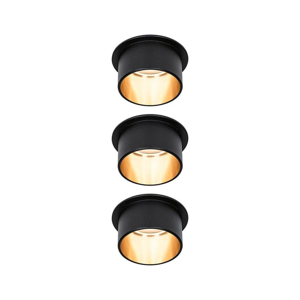 LED Einbauleuchte Stufen-Dimmer Gil Basis-Set 68mm Schwarz-Matt im 3er-Set mit goldfarbenem Innenleben.