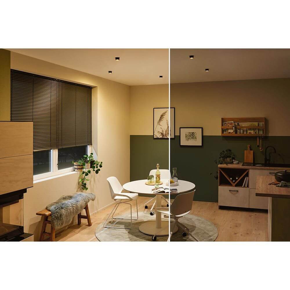 LED Einbauleuchte Stufen-Dimmer Gil Basis-Set 68mm Schwarz-Matt in modernem Raum mit zwei Farben.