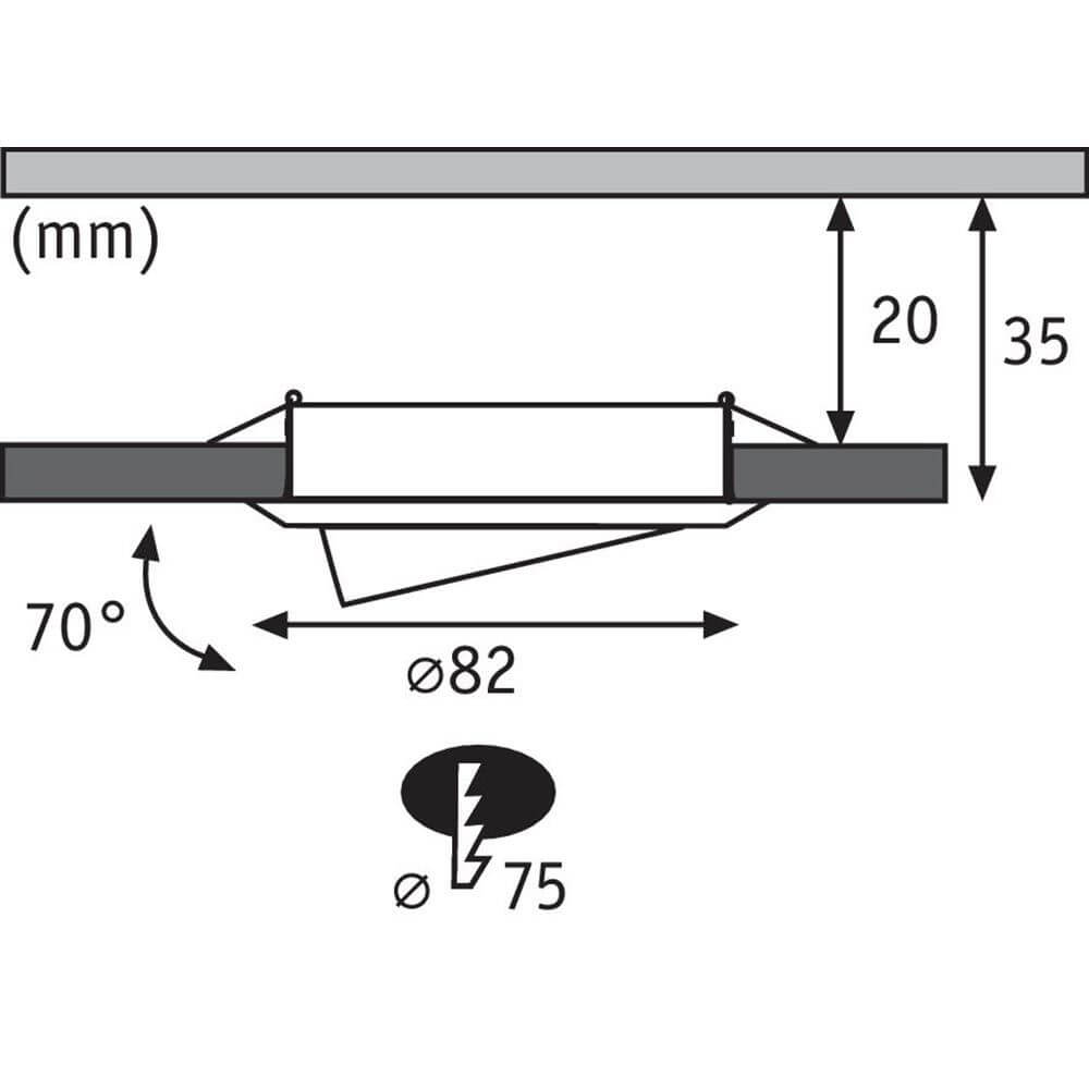 Technische Zeichnung der LED Einbauleuchte 3er-Set Stufen-Dimmbar Schwenkbar Chrom-Matt mit Abmessungen und Lichtwinkel.