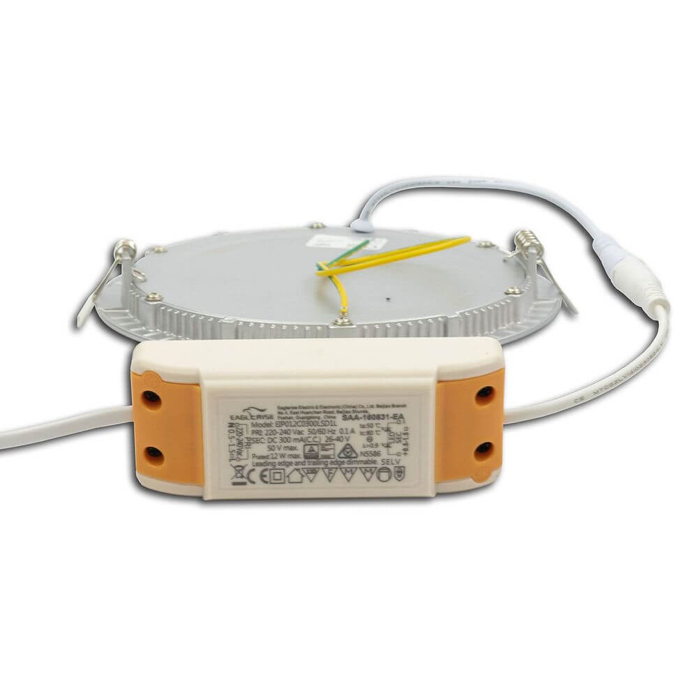 LED Einbaupanel Ø 17,5cm flach rund Silber Dimmbar 12W Warmweiß Rückansicht mit Treiber.