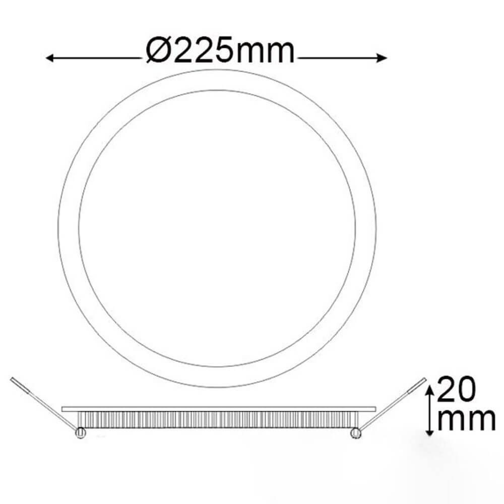 LED Einbaupanel Ø 22,5cm flach rund silber 18W Warmweiß technische Abmessungen Ø225mm und Höhe 20mm