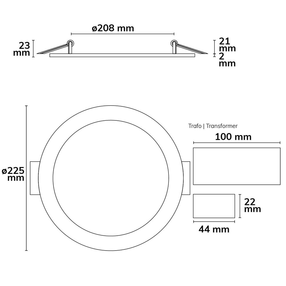 LED Einbaupanel Ø 22,5cm flach rund weiß Dimmbar 18W Warmweiß – technische Zeichnung mit Maßen Ø225 mm, Ø208 mm, Trafo 100x45x28 mm