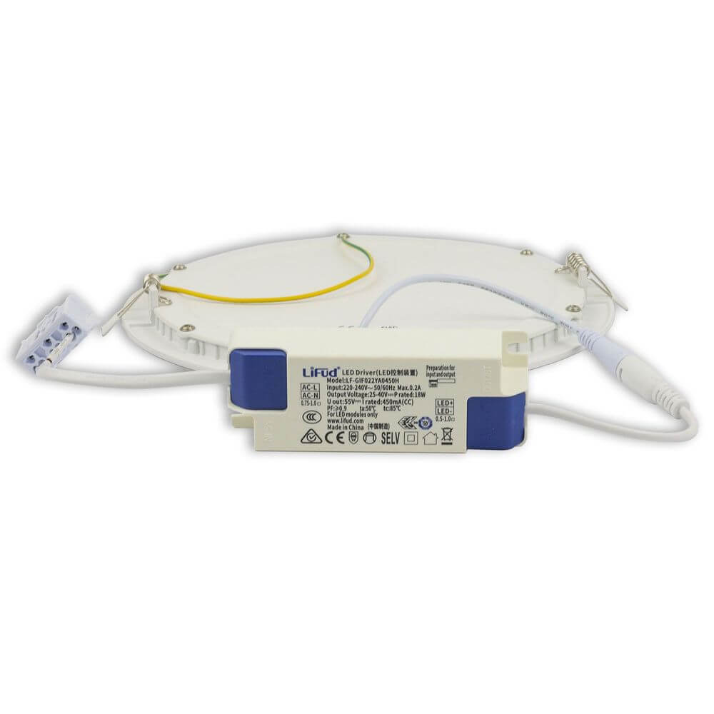 LED Einbaupanel mit Trafo und Stecksystem, Ø 22,5cm, dimmbar, warmweiß, flickerfrei, Flächenmaß 152x152mm.