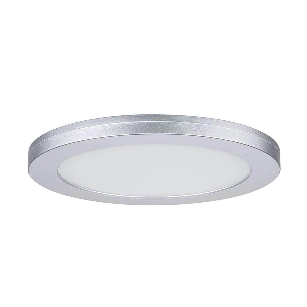 LED Einbaupanel 2 in 1 Cover-it Rund Chrom-Matt mit flächigem Licht und chrom-matter Oberfläche.
