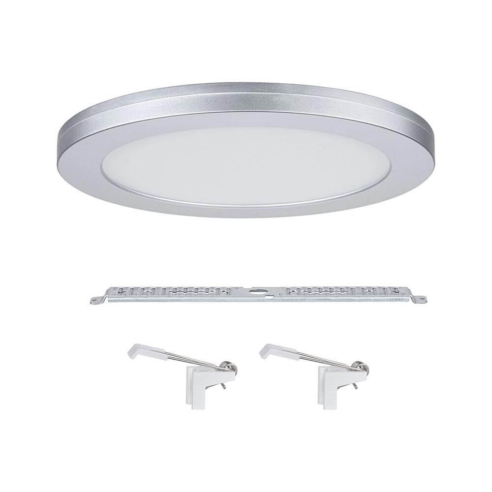LED Einbaupanel 2 in 1 Cover-it Rund Chrom-Matt mit montierbarem Rahmen und Befestigungselementen.