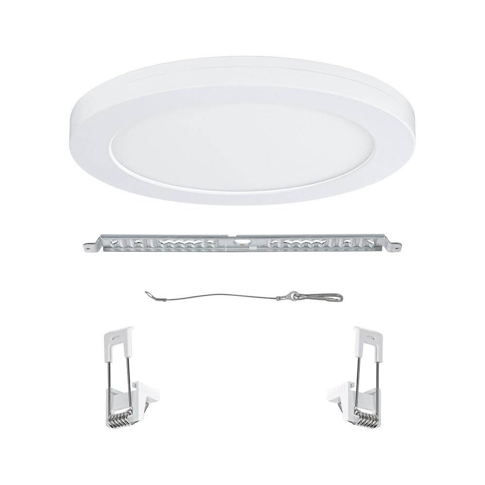 LED Einbaupanel 2 in 1 Cover-it Rund Weiß-Matt mit Montagezubehör und Aufbaurahmen.