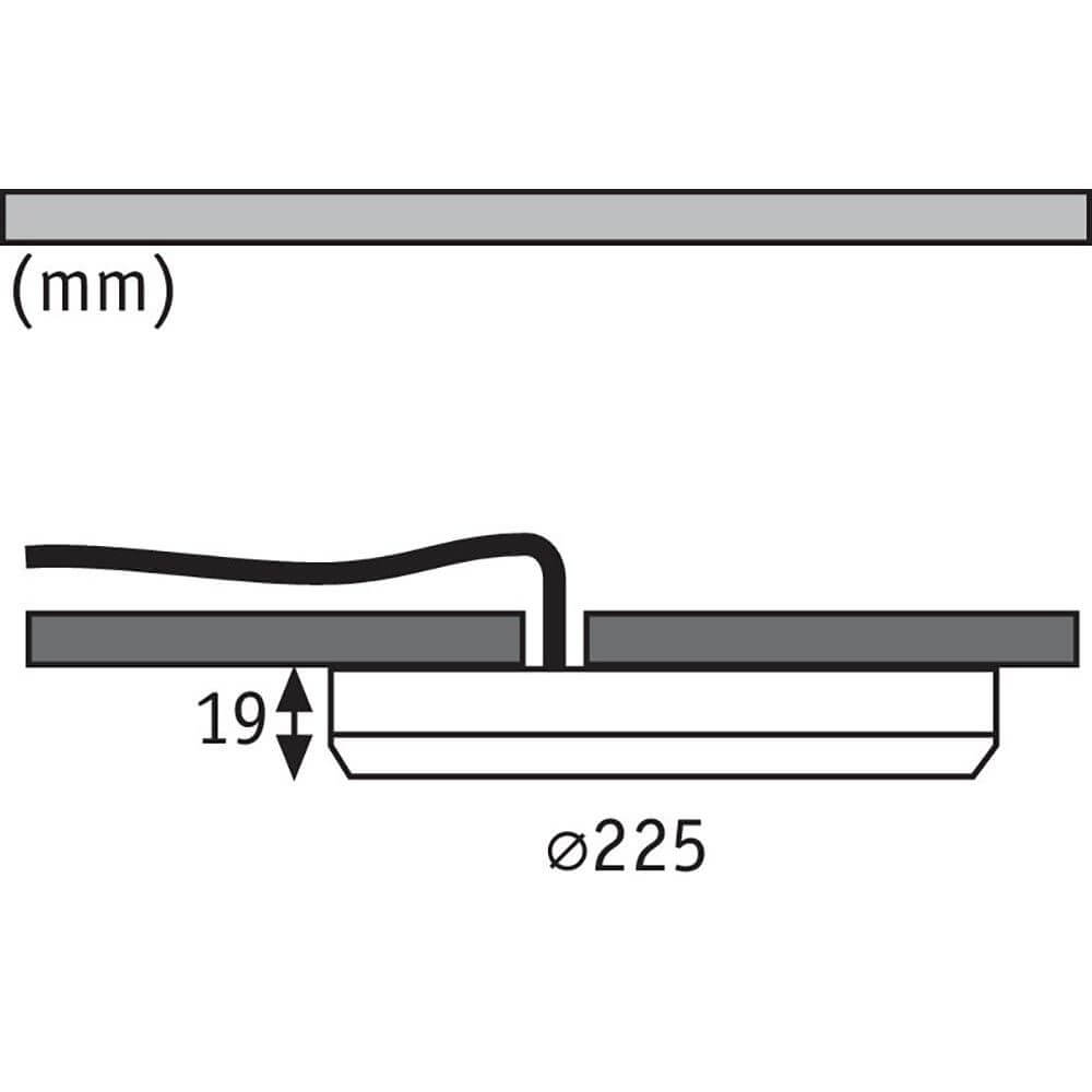 LED Einbaupanel 2 in 1 Cover-it Rund Weiß-Matt, technische Zeichnung mit Durchmesser 225mm und 19mm Höhe.
