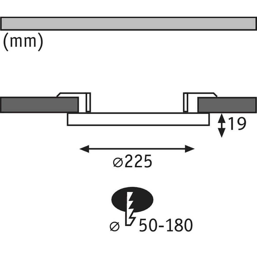 Maßzeichnung für LED Einbaupanel 2 in 1 Cover-it Rund Weiß-Matt mit Ø 225mm und Bohrlochgröße 50-180.