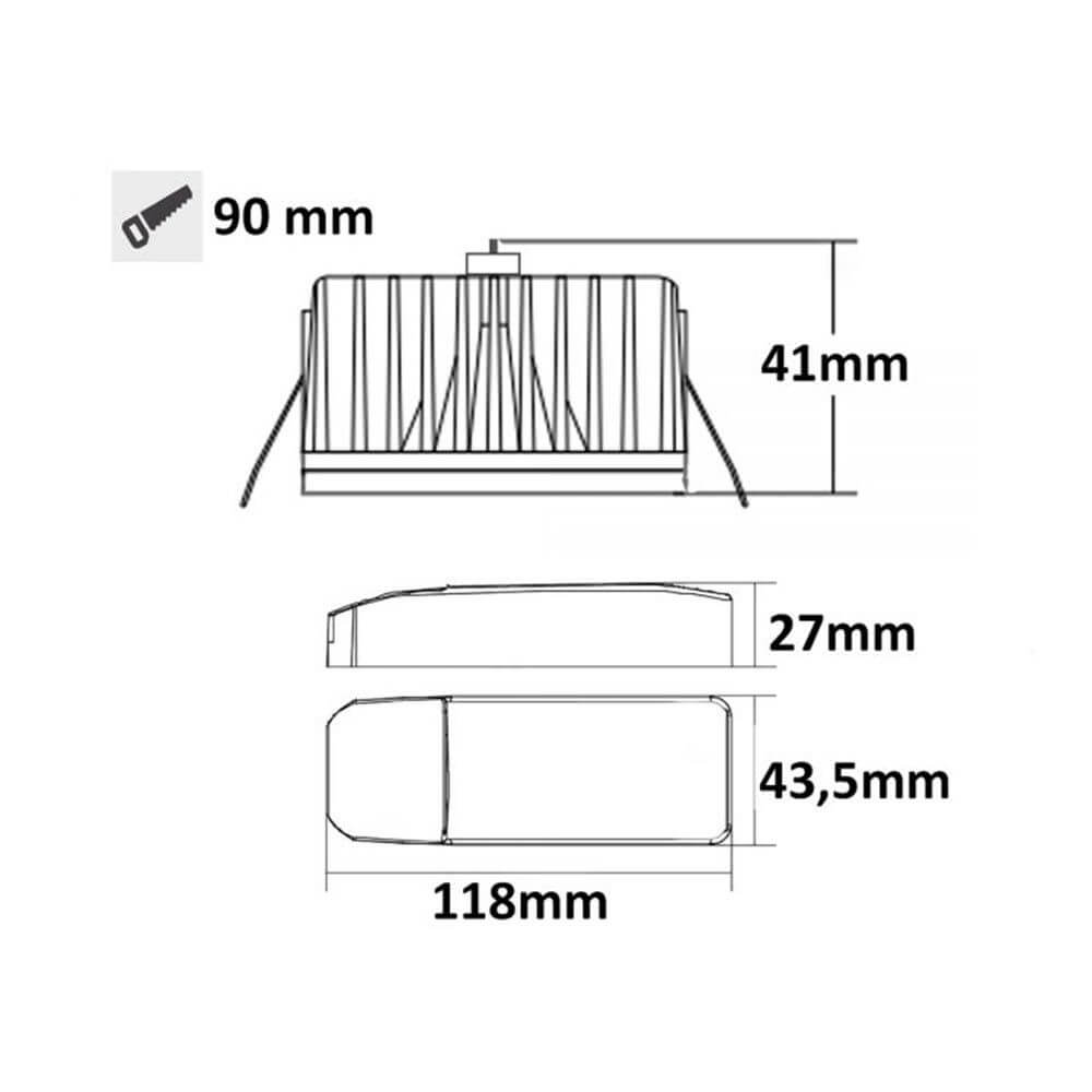 Technische Zeichnung des LED-Einbaustrahlers Sys-90 mit Abmessungen 90x41x118mm.