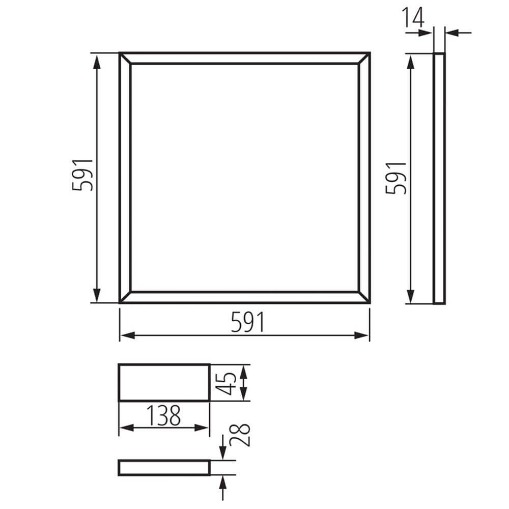 Technische Zeichnung des LED Einlegerahmens 59x59cm für Odenwalddecken mit Maßangaben.