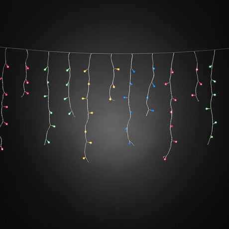 LED Icicle light curtain with colorful globes 200 colorful diodes IP44 with colorful lights on a black background.