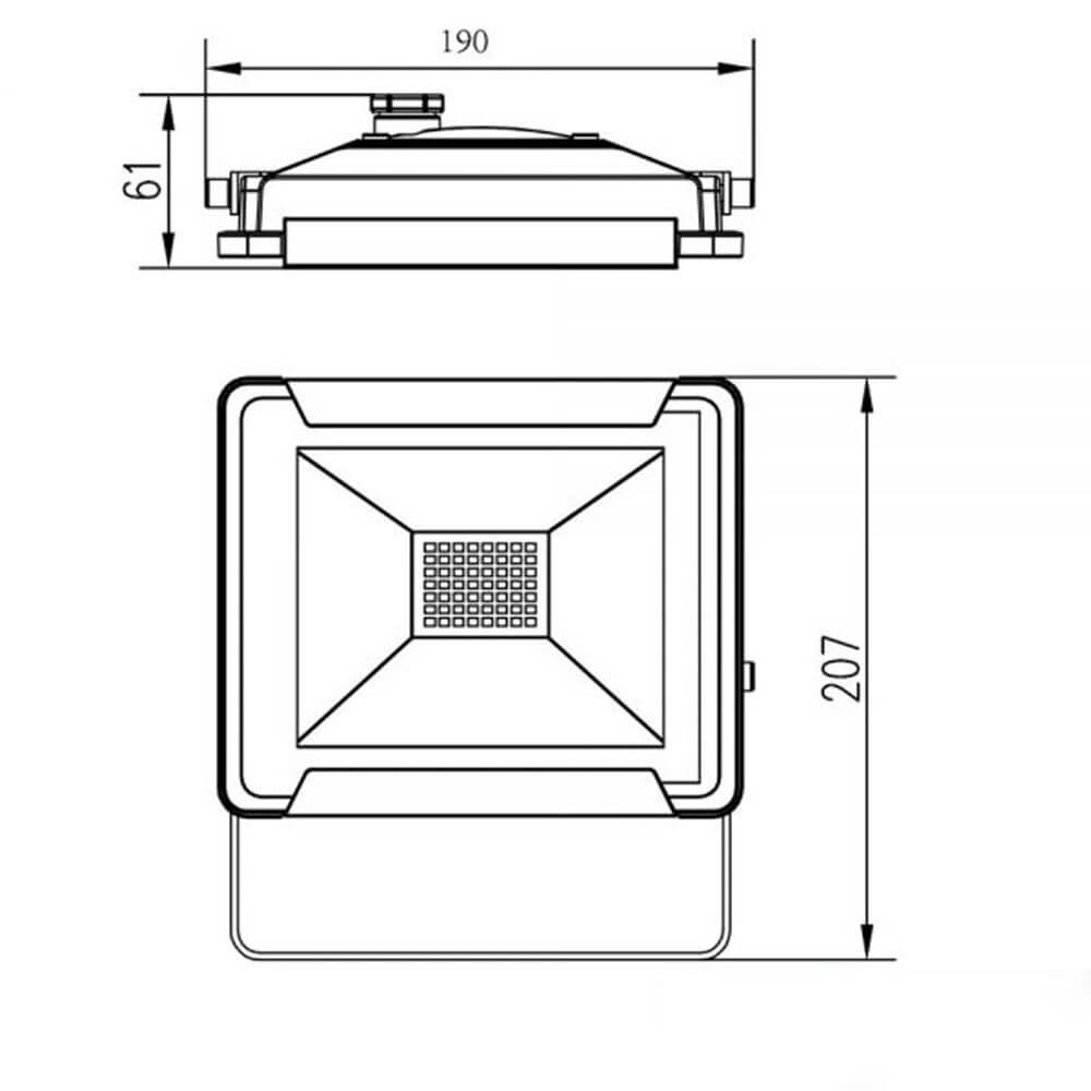 Maßzeichnung des LED Fluter Neutralweiß 30W 2400lm , IP65 Schwarz mit Abmessungen 190 x 207 x 61 mm.