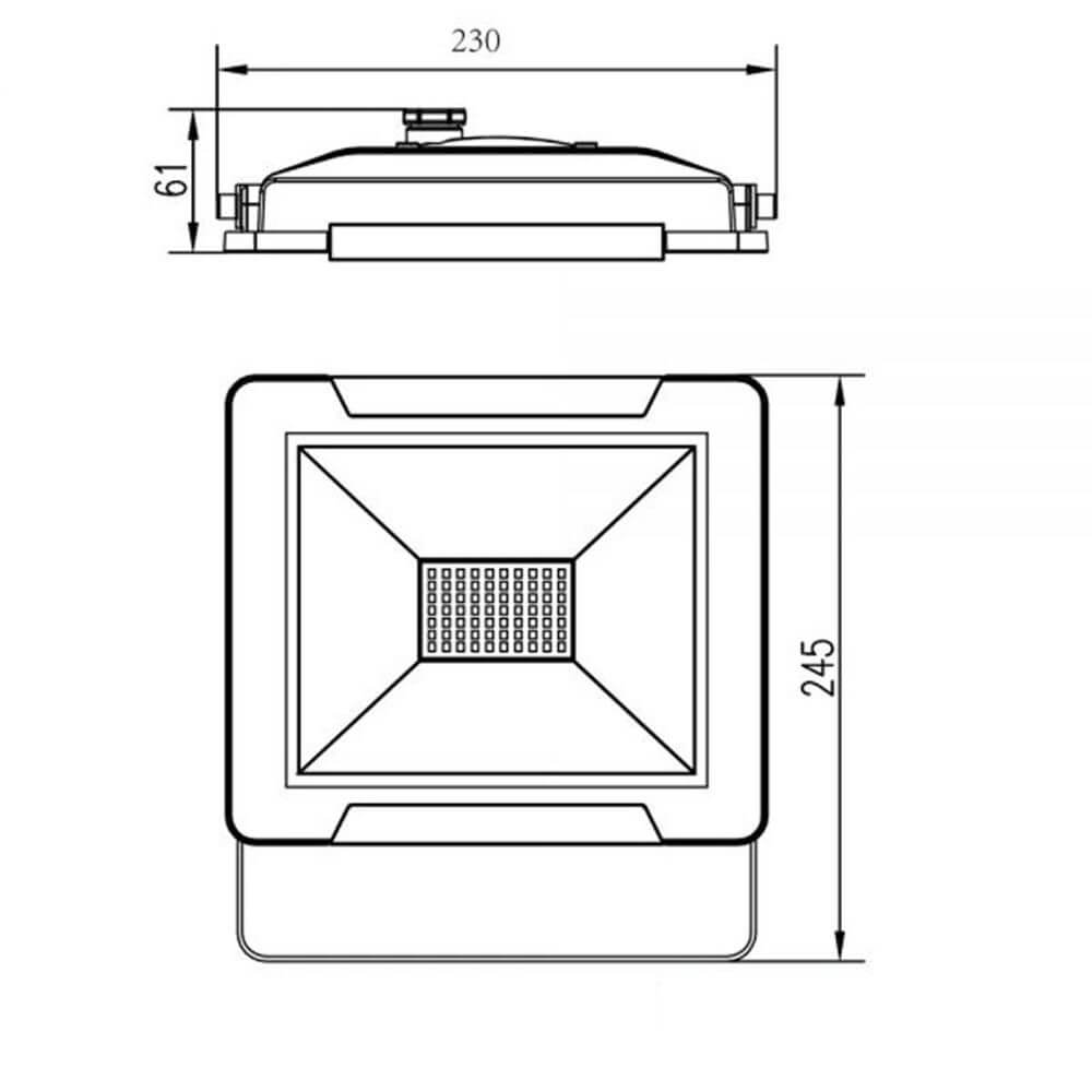 LED Fluter Warmweiß 50W 4000lm , IP65 Schwarz - technische Zeichnung mit Maßen.