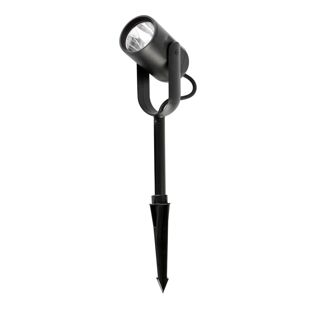 LED Gartenstrahler SLOT-20 20cm 3000K IP65 Schwarz auf einem Erdspieß für die Gartennutzung.