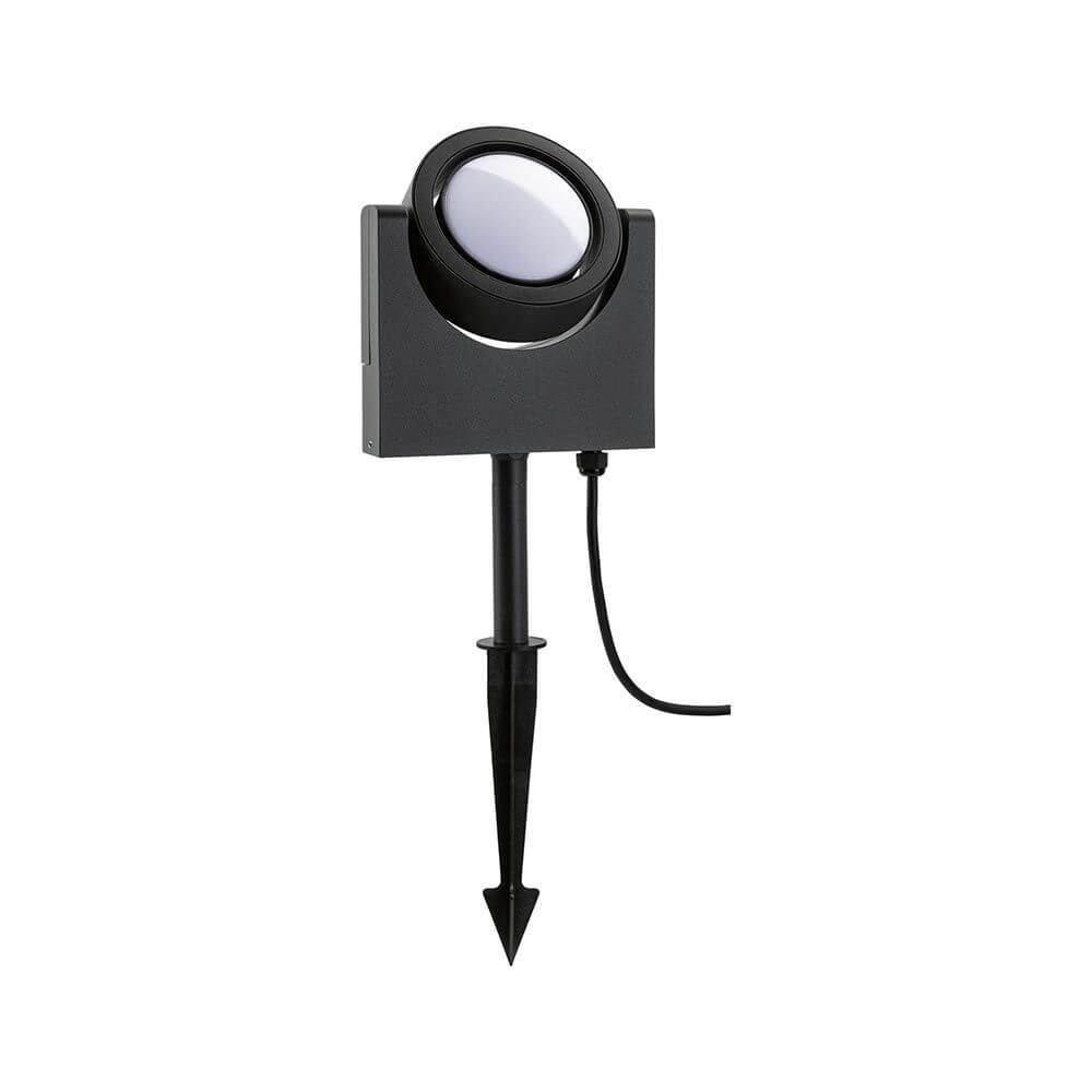 LED Gartenstrahler Swivea mit schwarzem Gehäuse, individuell einstellbarem Schwenkkopf und Erdspieß.