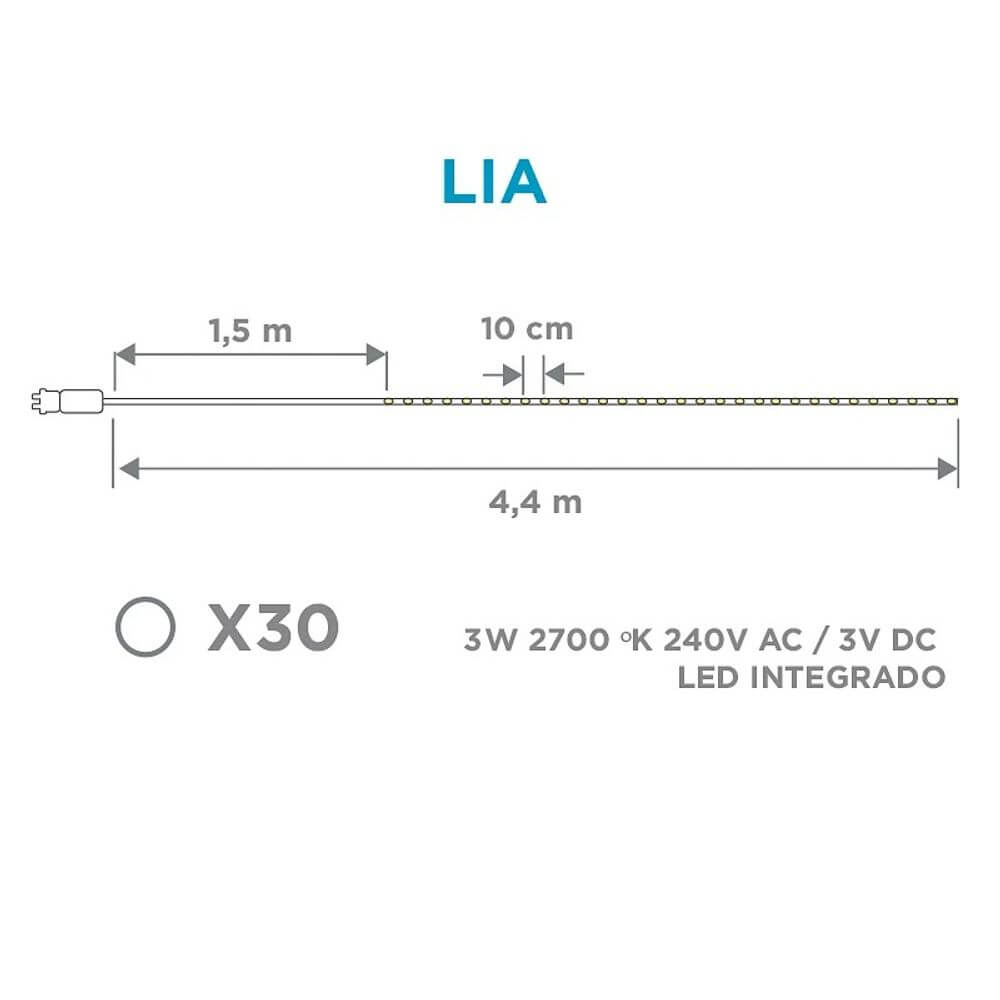 LED Jute-Lichterkette Lia IP44 - Technische Zeichnung mit 30 integrierten LEDs und Maßen.