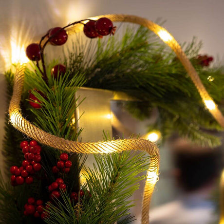 LED Jute string lights Lia IP44 decoratively wrapped around plants, ideal for Christmas decoration.