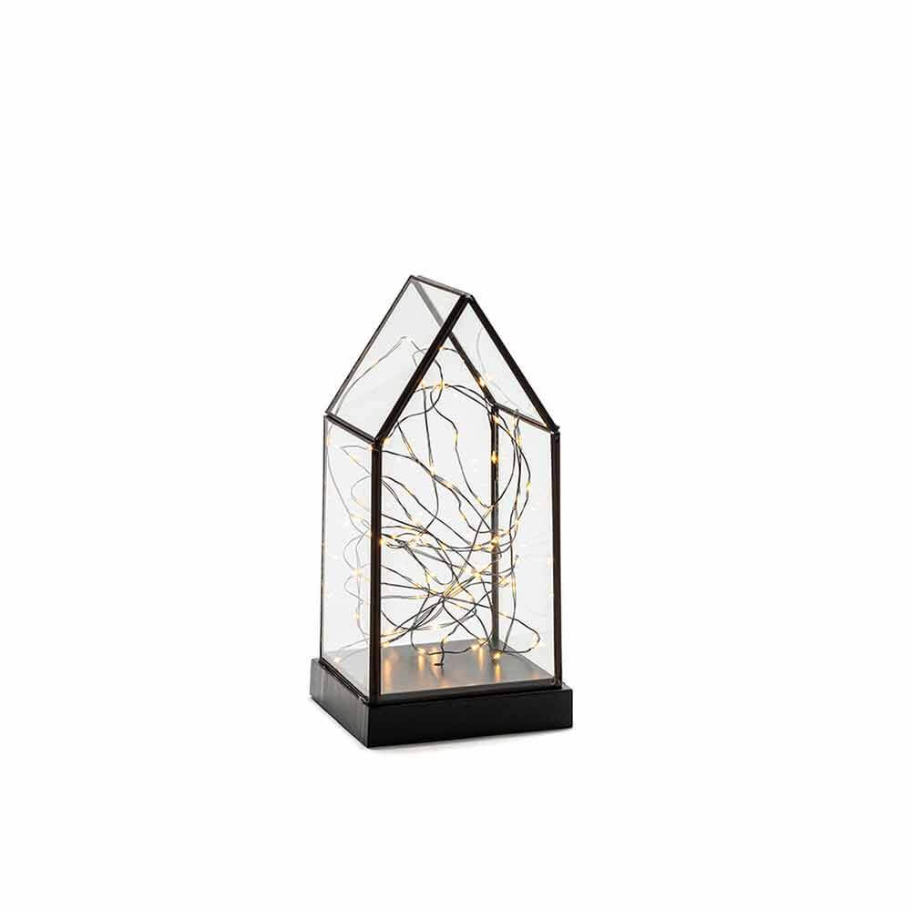 LED Glaslaterne mit schwarzem Holzfundament und 6h Timer Schwarz in modernem Design.
