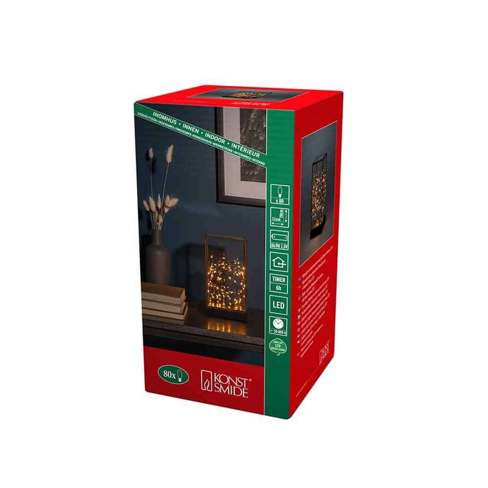 LED Glaslaterne mit schwarzem Holzfundament und 6h Timer Schwarz in origineller Verpackung