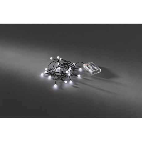 LED Globe string lights round diodes timer 20 cool white diodes battery-operated with transparent battery compartment.
