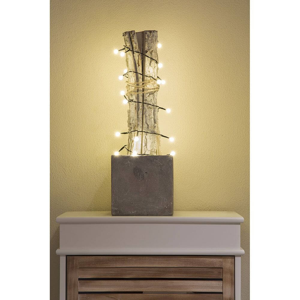 LED Globelichterkette 50 runde Dioden Warmweiß batteriebetrieben dekoriert einen Holzstamm in Betonvase.