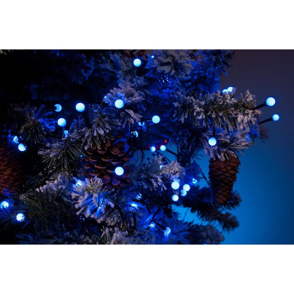 LED Globelichterkette runde Dioden 80 blaue Dioden IP44 dekoriert einen verschneiten Weihnachtsbaum.