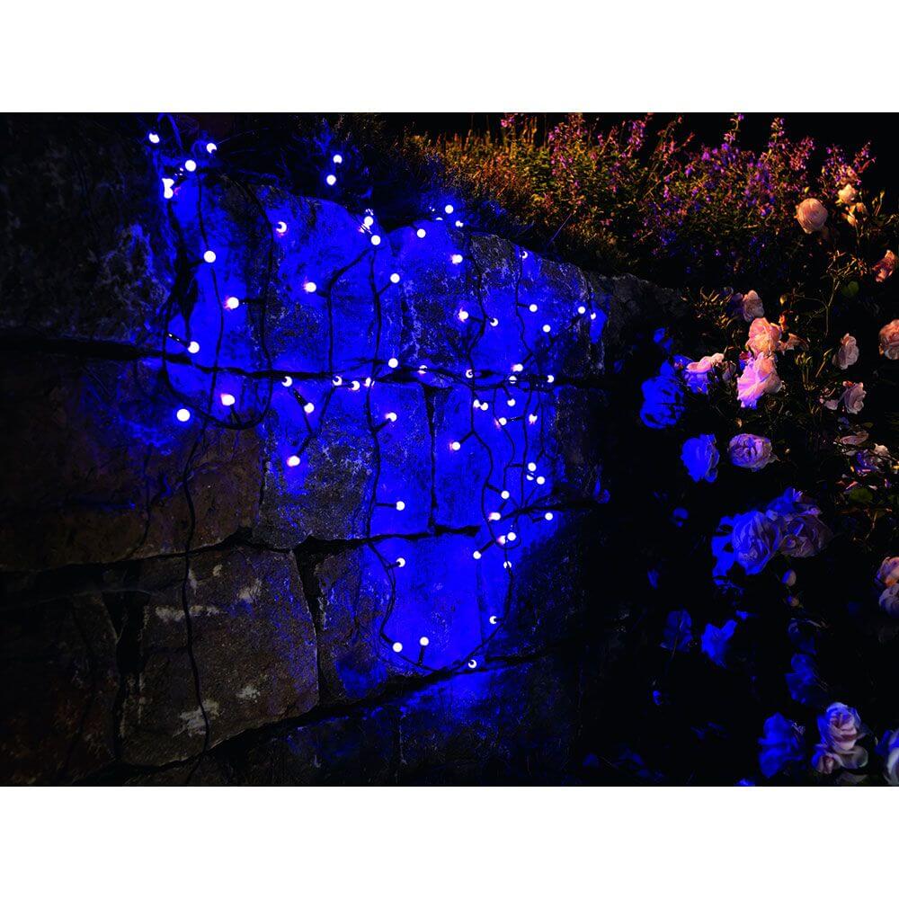 LED Globelichterkette runde Dioden 80 purpurfarbene Dioden IP44 leuchtet an einer Steinwand mit blauen Dioden.
