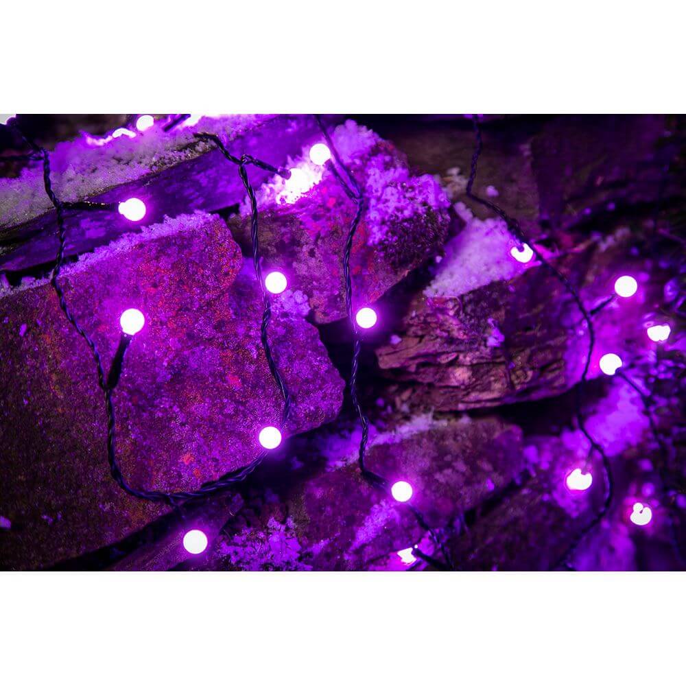 LED Globelichterkette runde Dioden 80 purpurfarbene Dioden IP44 leuchtet auf Holz mit Schnee.