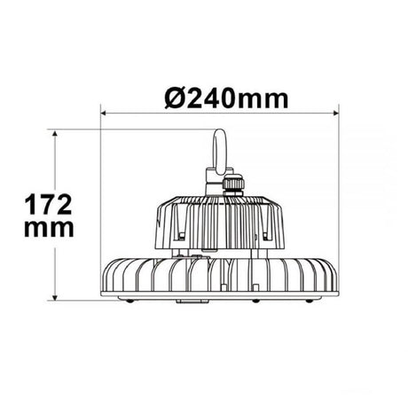 Technische Zeichnung einer LED-Hallenleuchte mit Ø240mm und 172mm Höhe.