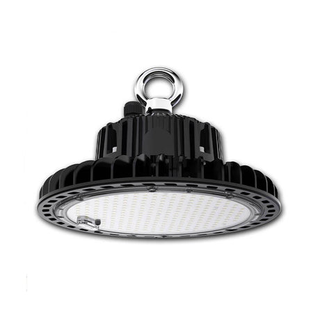 LED Hallenstrahler 200W in Schwarz, ideal für hohe Lager- und Fertigungshallen, dimmbar und energiesparend.