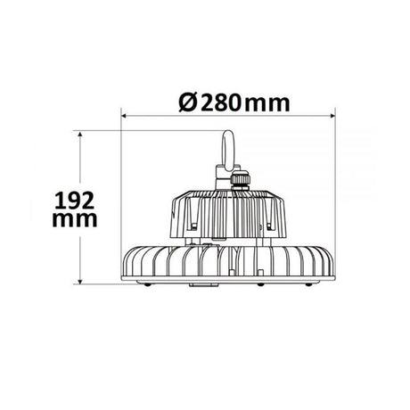 Technische Zeichnung LED Hallenstrahler mit Ø280mm und 192mm Höhe für Lagerhallen und Werkstätten.